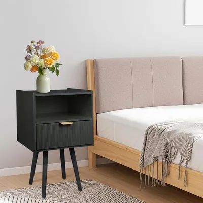 Immagine prodotto di Tavolino da notte con cassetto e ripiano aperto, in legno, dimensioni 42x30x65 cm, colore nero