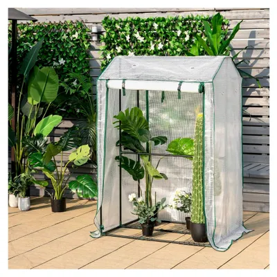 Produktbild von Winterfestes Gewächshaus, 100x81x150cm, Foliengewächshaus mit PE-Gitterfolie und aufrollbarer Reißverschlusstür, kleines Gartengewächshaus für Tomaten, Garten und Balkon, Metallrahmen