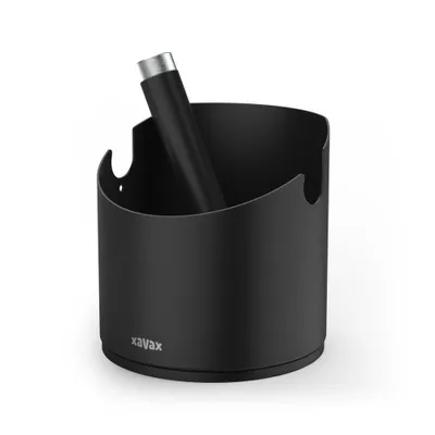 A black knock box with a silver-tipped object inside, set against a white background.