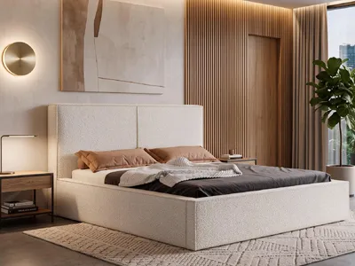 Produktbild von Polsterbett MADERO 160x200 cm mit Bettkasten, Stauraum und Metall-Lattenrost – Bouclé Stoff Creme