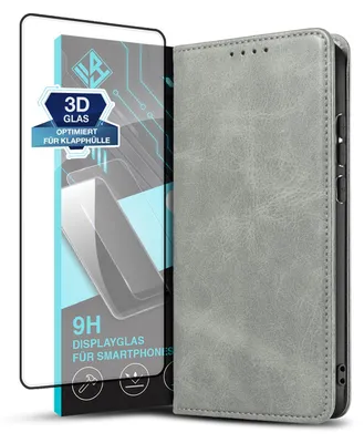 Produktbild von Handyhülle für Huawei P30 Pro mit 9H Displayglas Kunstleder Flip Cover Hülle Klapphülle Case Kartenfach Farbe: Grau