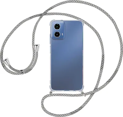 Produktbild von Handykette Backcover-Schutzhülle mit Band (Metall silberfarben) für Motorola Moto G34 5G - weiß/grau kariert