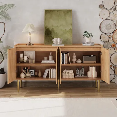 Immagine prodotto di okwish Armadio da cucina moderno Armadi da soggiorno Cassettiera con accenti dorati e gambe in metallo dorato, credenza con ripiani, naturale