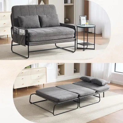Produktbild von AIORBER Schlafsofa 2 Sitzer Klappsofa mit Bettfunktion Metallgestell Chenille Couch mit Seitentaschen Kissen Grau