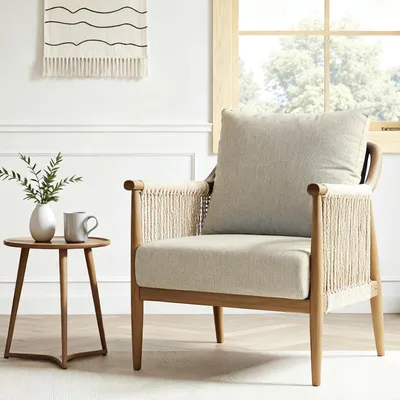 Zdjęcie produktu dla Ręcznie tkany fotel FLEXISPOT Relax, Wszechstronny fotel do wnętrz i na zewnątrz z wygodnymi poduszkami, Fotel rattanowy Boho z oddychającą konstrukcją Beżowy