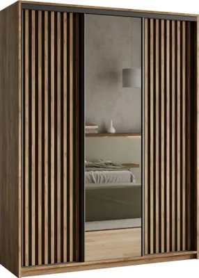 Produktbild von Masseno Schiebetürenschrank ORRA 150/205/60 cm Kleiderschrank mit Spiegel und Lamellen, 4 Schubladen Schlafzimmer Schrank 3-türig Eiche Lefkas + Schwarz