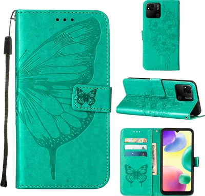 Produktbild von Redmi 10A Hülle, Schmetterling Prägung Flip Leder Kartenfächer Schutzhülle Ledertasche mit Ständer für Xiaomi Redmi 10A Grün