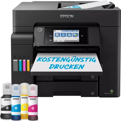 A black Epson EcoTank ET-5805 WLAN-multifunction printer with four ink bottles in the foreground.