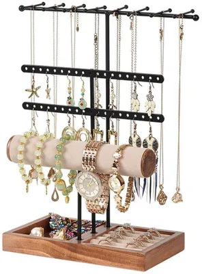 Produktbild von Schmuckständer mit 5 Ebenen - Schmuckkästchen - Ohrringhalter - Halskettenhalter - Armbandhalter - Hochwertiges Metall und Holz - Schmuckaufbewahrung