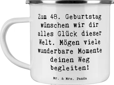 Produktbild von Mr. & Mrs. Panda Teetasse Spruch 48. Geburtstag Glück - Weiß - Geschenk, Geburtstagsparty, Alter, Pott, Haferl, Teebecher, 48 Jahre Jubiläum, Emaille Becher, Tasse