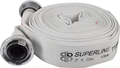 A coiled white hose with metal couplings on a white background.