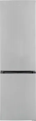 A silver and black refrigerator shown from the front.
