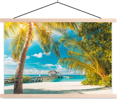 Produktbild von MuchoWow® Textilposter Tropisch - Strand - Palme 120x80 cm mit holzfarbenen Rahmen - Aufhängeset