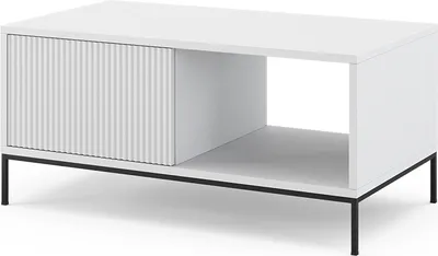 A white coffee table with a fluted drawer front and a black metal frame, shown against a white background.