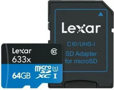 Produktbild von Lexar 64GB High-Performance 633x microSDHC UHS-I, bis zu 100MB/s lesen 20MB/s schreiben Lexar | Speicherkarte | LMS0633064G-BNNNG | 64 GB | microSDXC | UHS-I Klasse Flash-Speicher