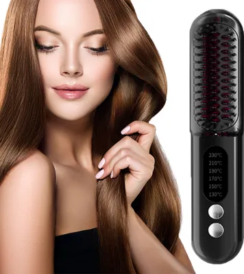 Produktbild von Haarglättungsbürste, Anti-Verbrühungs-Glätteisen, Glättkamm gegen Haarausreißen, professioneller Haarglätter zum Glätten, 5 Heizstufen, 130 °C-210 °C, schwarz