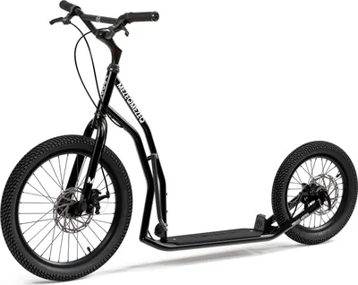 A black scooter with large tires and disc brakes, shown against a white background.