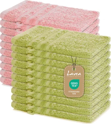 Produktbild von Lavea® 20er Waschhandschuh Set Elena, 100% Baumwolle Frottee, Waschlappen saugstark & weich, für Körper und Gesicht, 60 °C, trocknergeeignet, Lindgrün & Pastellrosa, 15 x 21 cm