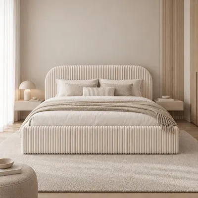 Produktbild von Sofello Polsterbett MOON 160x200 cm Creme mit abgerundetem Kopfteil – weicher Breitcord TILIA, KI-generiertes Bild