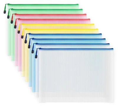 Produktbild von Dokumententaschen A3, 10 Stück, Kunststoff, mit Reißverschluss, transluzent, 5 Farben