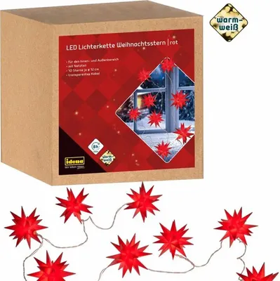 A product box for LED Christmas star lights, with a string of the lights shown below.