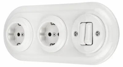 Produktbild von Unterputz Porzellan Retro Steckdose, Doppelschalter, 3-fach, All-in-One, SET Serie PR1 weiß