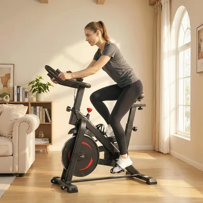 Image de Vélo d'appartement, vélo de fitness, réglable en hauteur, résistance magnétique,via application, noir | 111,5 x 52,5 x 114,5 cm | 25 kg | Écran LCD
