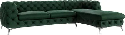 Produktbild von S-STYLE MÖBEL - Chesterfield Ecksofa Cleo mit Ottomane rechts und Silber Metall Füßen, aus Flasche Grün Samtstoff, B/T/H: 305 cm/ 200 cm/ 75 cm