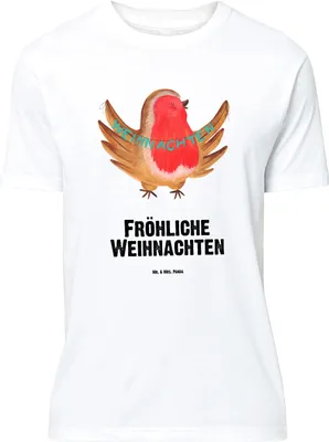 Produktbild von Mr. & Mrs. Panda T-Shirt Rotkehlchen Weihnachten - Weiß - Geschenk, Weihnachtsgruß, Shirt, Tshirt, Heiligabend, Winter, Frohe, Vogel, mit Spruch, Oversize, Lustiges