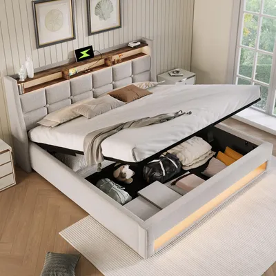 Image de OKWISH Lit tapissier 140x200cm avec coffre,Lit coffre Lit capitonné avec éclairage LED,Lit simple rembourré avec prise USB,Beige(Sans Matelas)