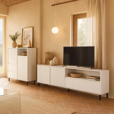 Produktbild von Wohnwand 350 cm Breite in Weiß modern mit Highboard & Lowboard, 2-teilig - AMELIA-129