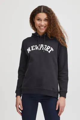 Produktbild von OXMO OXCOLISA Damen Kapuzenpullover Hoodie Pullover mit Kapuze 100% Baumwolle College-Look Frontprint überschnittene Ärmel