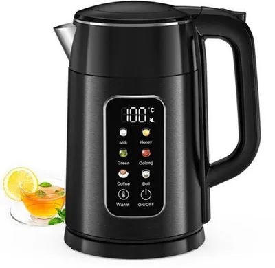Obrázek produktu pro Konvička s nastavením teploty, objem 1,7 l, výkon 2200 W, nerezová ocel, černá barva, 6 úrovní teploty, barevný displej, funkce udržování teploty po dobu 2 hodin, elektrická konvička, dvojitá stěna, bez BPA