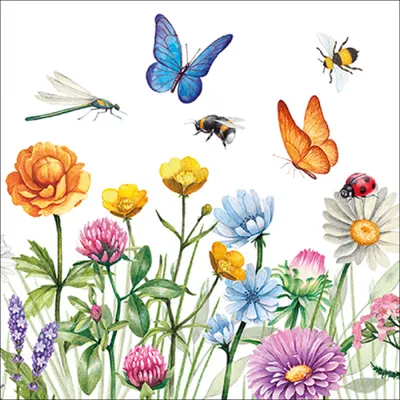 Produktbild von 20 Servietten Butterfly Meadow - Belebte Blumenwiese voller Tiere 33x33cm