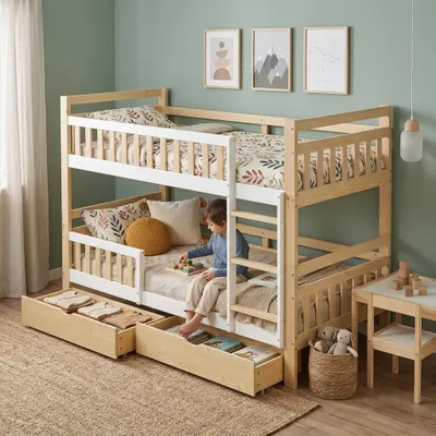 Produktbild von Etagenbett 90 x 200 cm aus Holz, teilbar in zwei Einzelbetten, mit 2 Schubladen, Leiter und Rausfallschutz, Weiß und Natur, KI-generiertes Bild