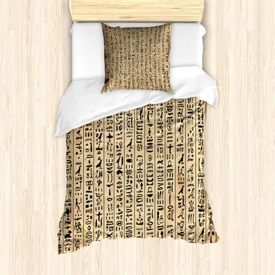Produktbild von ABAKUHAUS ägyptisch Bettbezug Set, Altes Hieroglyphen-Schmutz-Muster auf Streifen-Archäologie-Geschichtssprache, 135 x 200 cm + 80 x 80 cm, Sand Braun Schwarz