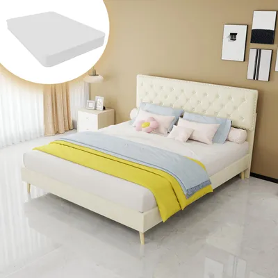 Obrázok produktu pre Postel s čalúneným rámom, rozmer 160x200 cm, s matracou, poťahom z velúru, vysokým čelom, latkovým roštom a úložným priestorom pod posteľou, farba béžová
