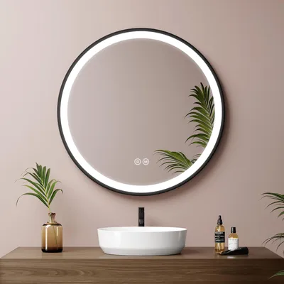 Zdjęcie produktu dla EMKE Lustro łazienkowe LED okrągłe o średnicy 60 cm Lustro łazienkowe LED z oświetleniem 3 barwy światła 3000-6400K biała chłodna neutralna biała ciepła ściemnialne podświetlane lustro z przełącznikiem dotykowym IP44 energooszczędne (czarny design)
