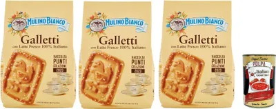 Produktbild von Mulino Bianco Biscotti Galletti 3x 350g Italien kekse biscuits cookies kuchen, Frühstückskekse, Kekse mit frischer Milch 100% Italienisch + Italian Gourmet polpa 400g