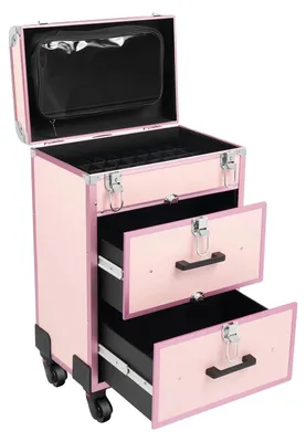 Image de Valise à roulettes pour maquillage, 3 étages, compartiment de rangement verrouillable, rose