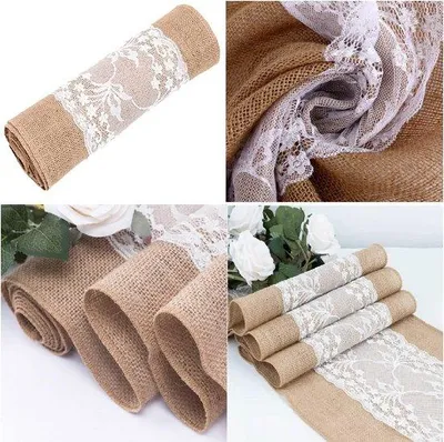 Produktbild von Famanu Jute Tischläufer mit weißer Spitze - Vintage Dekoration 30 x 275 cm