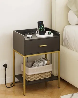 Produktbild von Moderner Nachttisch mit 3 Schubladen und Ablagefläche, schwarzer Nachttisch mit USB-Anschlüssen und Steckdosen, geeignet für Schlafzimmer und Wohnzimmer