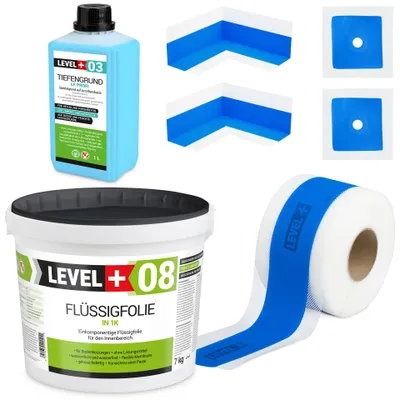 Produktbild von Zestaw do Hydroizolacji Folia w Płynie 7kg Taśma uszczelniająca 5mb Środek Gruntujący Łazienka Prysznic Level+ SET302