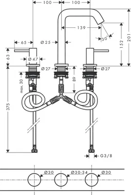 Zdjęcie produktu dla Hansgrohe Tecturis S – 3-otworowa bateria umywalkowa 150, wysięg 139 mm, 73330700