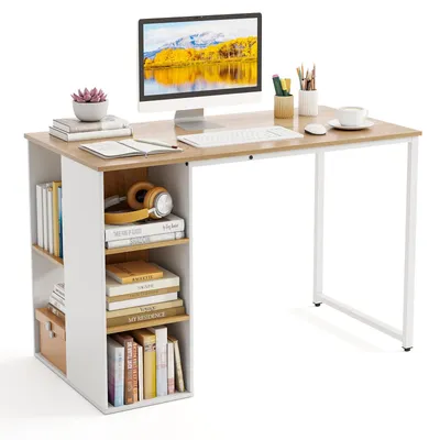 Bureau 115x59 cm, 5 Fächer, Metallgestell, natur+weiß