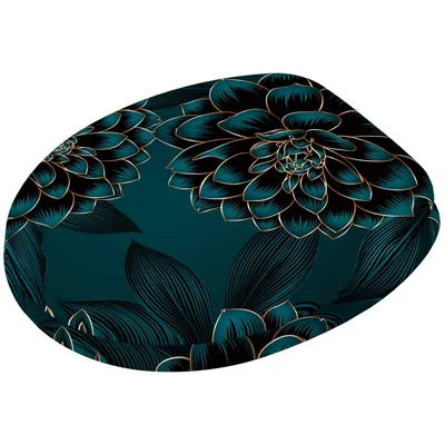 A close-up view of a toilet seat cover with a floral pattern.