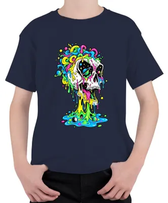 Produktbild von Psychedelischer Totenkopf Bunt Schmelzend Space Galaxie Skull Kinder T-Shirt, Navy, 152