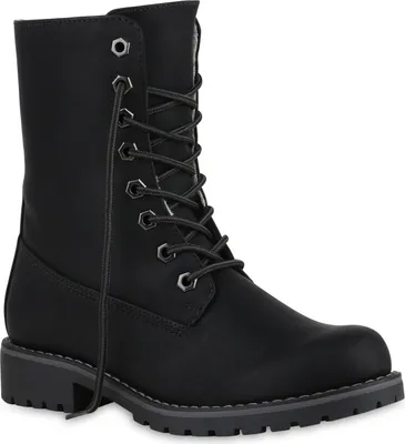 A black lace-up boot on a white background.