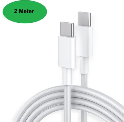 A white USB-C cable is coiled in the foreground, with two connectors visible at the top.