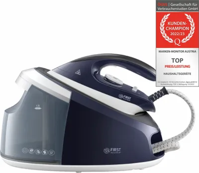 A dark blue and white steam ironing station is shown against a white background, with several awards and certifications displayed in the upper right corner.